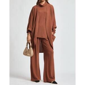 NEW DEAR SCARLETT get away top cardigan pants 3 piece set in chestnut